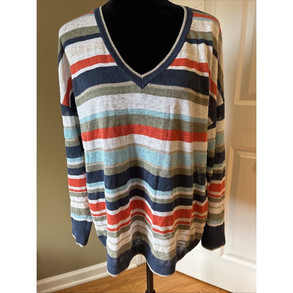 Gerard Darel Paris Blue Multi Striped butterfly emb V-Neck Linen Sweater sz L/XL
